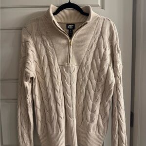 Lands' End Women's Cream Cable Knit V-Neck Sweater